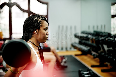 Buy stock photo Fitness, woman and barbell in gym for training, strength workout and strong muscle development. Bodybuilder, weightlifting and exercise for power, challenge and wellness for health in sports club