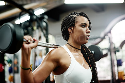Buy stock photo Weightlifting, active or woman in gym with barbell for strength training, exercise or wellness. Fitness, sweating or female person in workout with weights for bodybuilding, goal or physical wellbeing