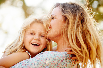 Buy stock photo Hug, park and mom with girl for smile, relationship and connection together in summer. Happy family, mother and child with portrait for bonding, support and trust on weekend holiday in nature