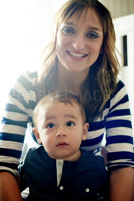 Buy stock photo Mom, portrait or baby with smile in family house to relax for care, wellness or bonding together. Happiness, single parent or mother with child in home for relationship, growth development or support