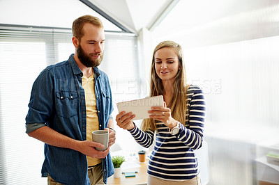 Buy stock photo Collaboration, development and tablet with designer people in office together for creative brainstorming. App, design and productivity with employee team in workplace for conversation or strategy
