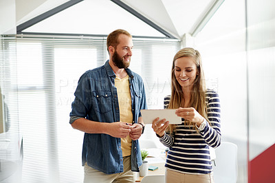 Buy stock photo Collaboration, creative and tablet with business people in office together for design brainstorming. App, conversation and development with employee team in designer workplace for productivity