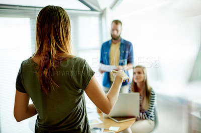 Buy stock photo Teamwork, meeting and business people in office for workshop, copywriting tips and brainstorming ideas. Creative, news agency and workers with speaker for planning story, article research and project