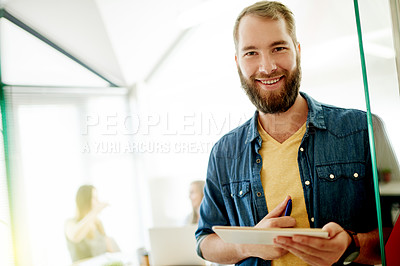 Buy stock photo Portrait, happy and man in office with tablet, confidence and development in marketing agency. Smile, creative and person in workplace with technology, growth opportunity and pride in startup.