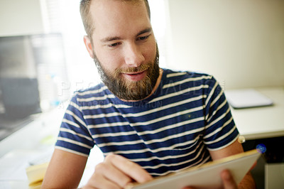 Buy stock photo Web designer, solution or man on tablet in startup for software system or online update. Digital, developer or backend engineer reading with technology for IT research or company homepage development