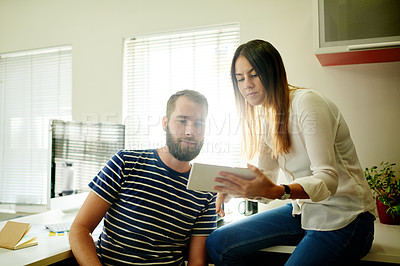 Buy stock photo Collaboration, help and business people with tablet for planning, feedback or review article. Team, office and discussion with intern for creative training, advice or coaching with magazine editor