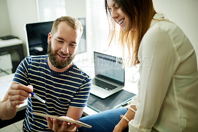Buy stock photo Team, planning and tablet with business people in office for graphic designer, meeting and logo research. Discussion, project and collaboration with employees in creative agency for branding startup 