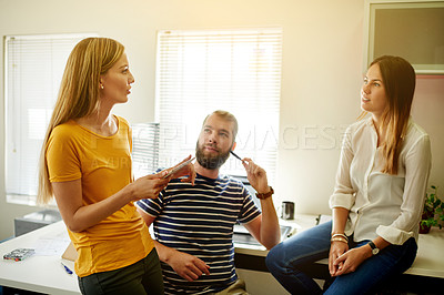 Buy stock photo Man, women and tablet with brainstorming, feedback or discussion for interior design office. People, teamwork and digital technology with agenda, review and proposal for property renovation at agency