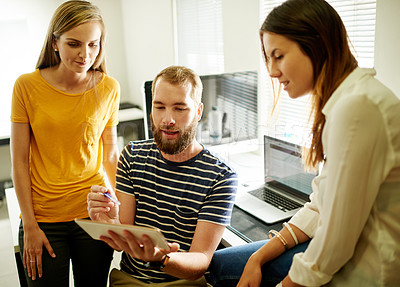 Buy stock photo Team, meeting and tablet with business people in office for graphic designer, discussion and logo research. Planning, project and collaboration with employees in creative agency for branding startup 
