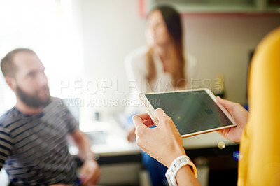 Buy stock photo Hands, business people and tablet screen with spreadsheet in meeting for venue cost. Group, technology and discussion for finance, budget or planning with creative event coordinator in startup office