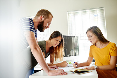 Buy stock photo People, interior design and team with documents for project planning, collaboration or ideas. Creative group, employees or colleagues with paperwork for business startup or development in office