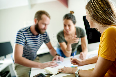 Buy stock photo Woman, writing notes and meeting at startup for interior design with checklist, color sample and planning. Person, team and group with book, documents and project management for property development