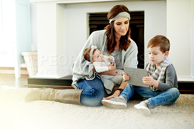 Buy stock photo Tablet, mother and kids relax in home for learning, streaming and bonding with app on internet. Tech, children and parent with baby for online education, game or chill on floor with family in lounge