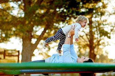 Buy stock photo Family, love and child with mom, playground and care for daughter in nature and playing with toddler. Game, woman or break with girl on weekend, outdoor and childcare on holiday, happy and park