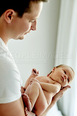 Buy stock photo Bedroom, holding and dad with baby in home for loving relationship, bonding and parenting in morning. Family, father and newborn with man in house together for connection, safety and support for care