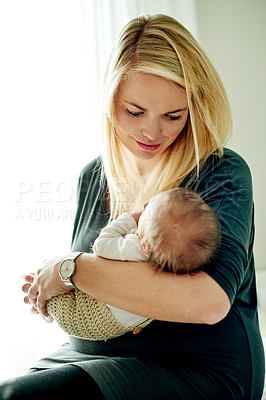 Buy stock photo Mother, baby and love in home for bonding, tender moment or relationship growth for care in family. Safety, protection or calm with newborn in arms of woman for connection with new mom and motherhood