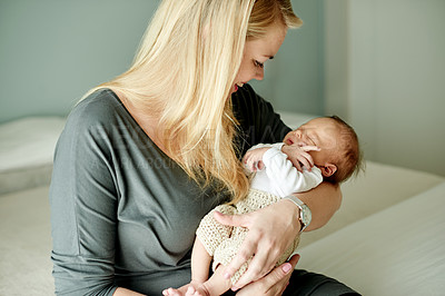 Buy stock photo Mother, baby or kid in home with smile, bonding or affection with nap and love for family. Calm, peace and sleeping newborn in arms of mom, relationship and happy with woman for motherhood in bedroom