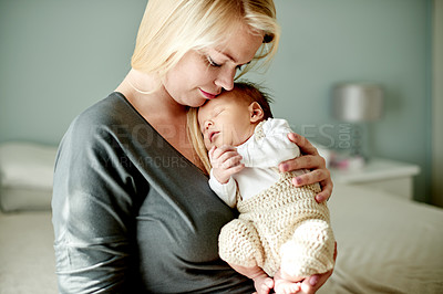 Buy stock photo Mother, newborn and love in home for bonding, tender moment or nap in bedroom for care in family. Safety, protection or sleeping baby in arms of woman for connection, growth or new mom for motherhood