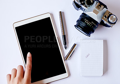 Buy stock photo Person, hands and photographer with tablet screen, camera or notes for graphic design or editing. Top view, designer and technology display with digital equipment for photography or online course