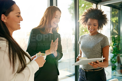 Buy stock photo Business women, tablet and applause for success, achievement or good news. Technology, group clapping and workers in office for performance recognition, goal and excited team in creative agency