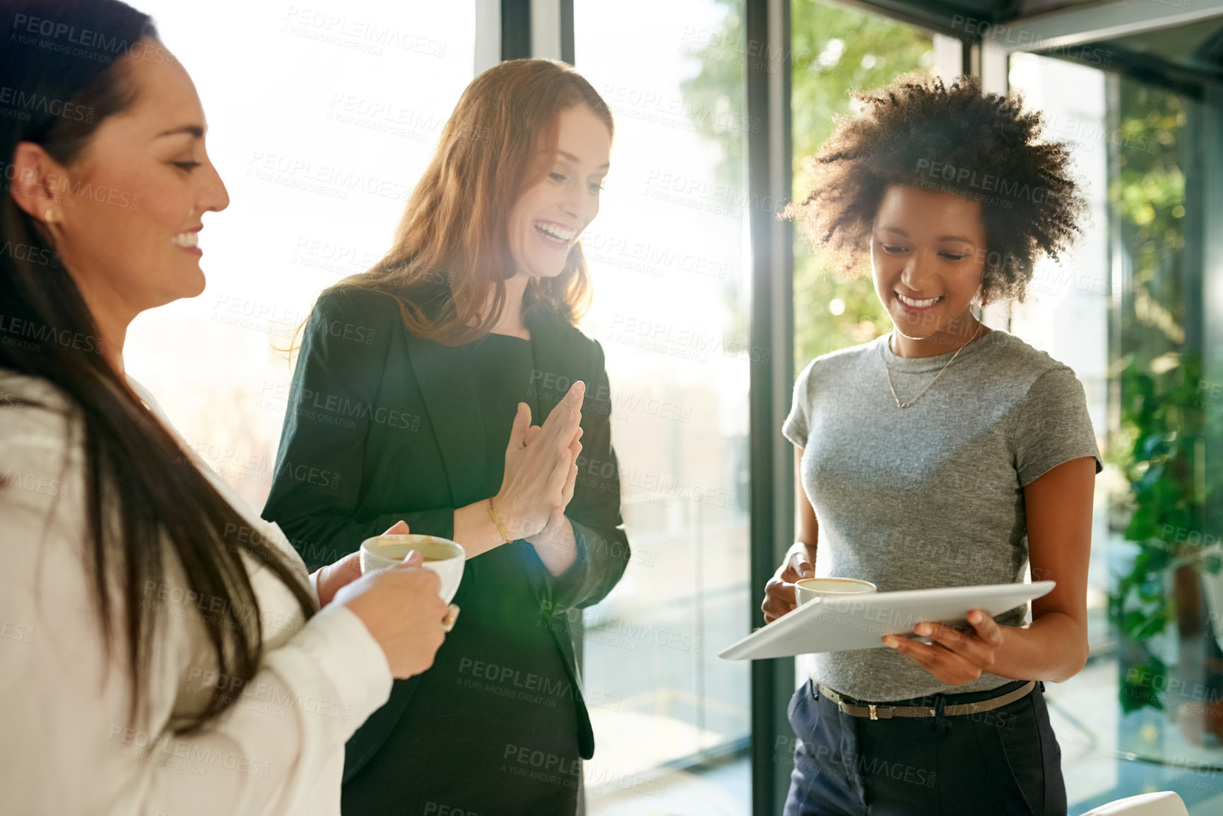 Buy stock photo Business women, tablet and applause for success, achievement or good news. Technology, group clapping and workers in office for performance recognition, goal and excited team in creative agency