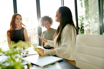 Buy stock photo Women, meeting and smile in discussion for conversation, workshop and news in office for business. Partnership, employee and teamwork for planning, idea and strategy with documents for communication