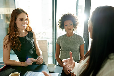 Buy stock photo Women, planning and smile in discussion for meeting, workshop and news in office for business. Partnership, employee and teamwork for conversation, idea and strategy with coffee for consulting agency