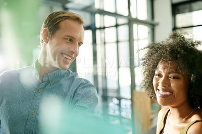 Buy stock photo Solution, teamwork or people with smile on glass for brainstorming, tasks or project strategy. Business, happy and creative designers in meeting for startup office, collaboration or planning ideas