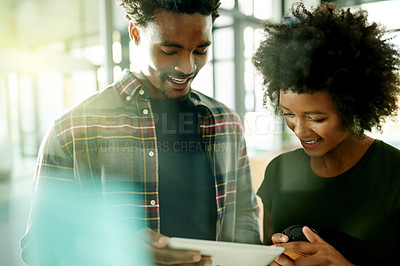 Buy stock photo Meeting, tablet and business people in office for online report, research and feedback. Flare, teamwork and African man and woman on digital tech for website, planning and project review in lobby