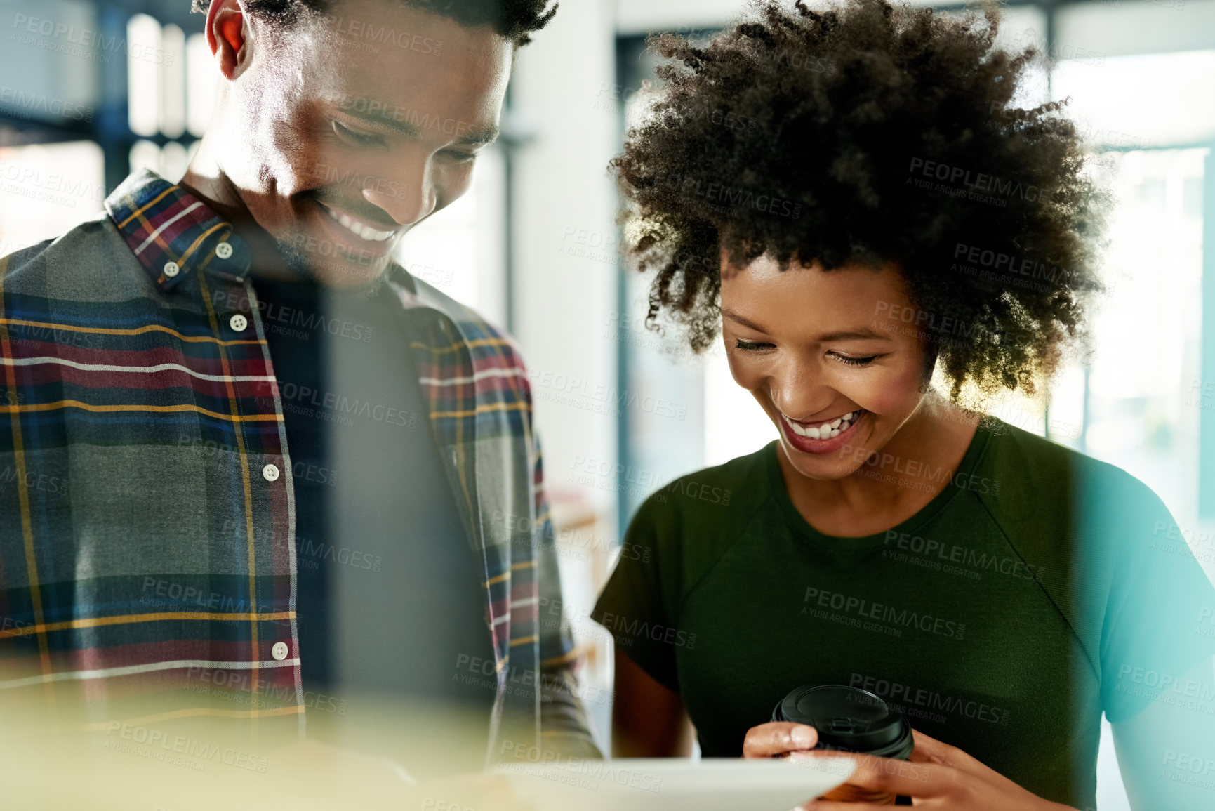 Buy stock photo Office, woman and man with tablet, browsing and collaboration for design on web, planning or search. Creative, graphic designer or people with tech for brand identity, colleagues or review of project
