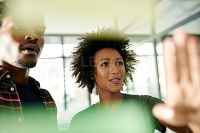 Buy stock photo Brainstorming, team and business people planning on glass wall in office for event themes. African workers, vision and meeting for project idea with schedule, coordination and creative agenda