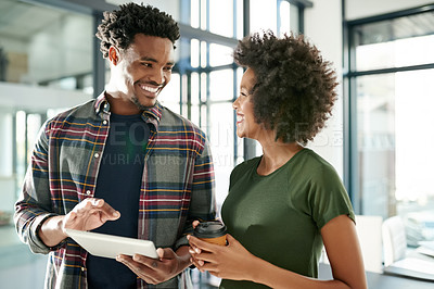 Buy stock photo Office, woman and man with tablet, teamwork and research for design on website, planning and online. Creative, graphic designer or people with tech for brand identity, colleagues or review of project