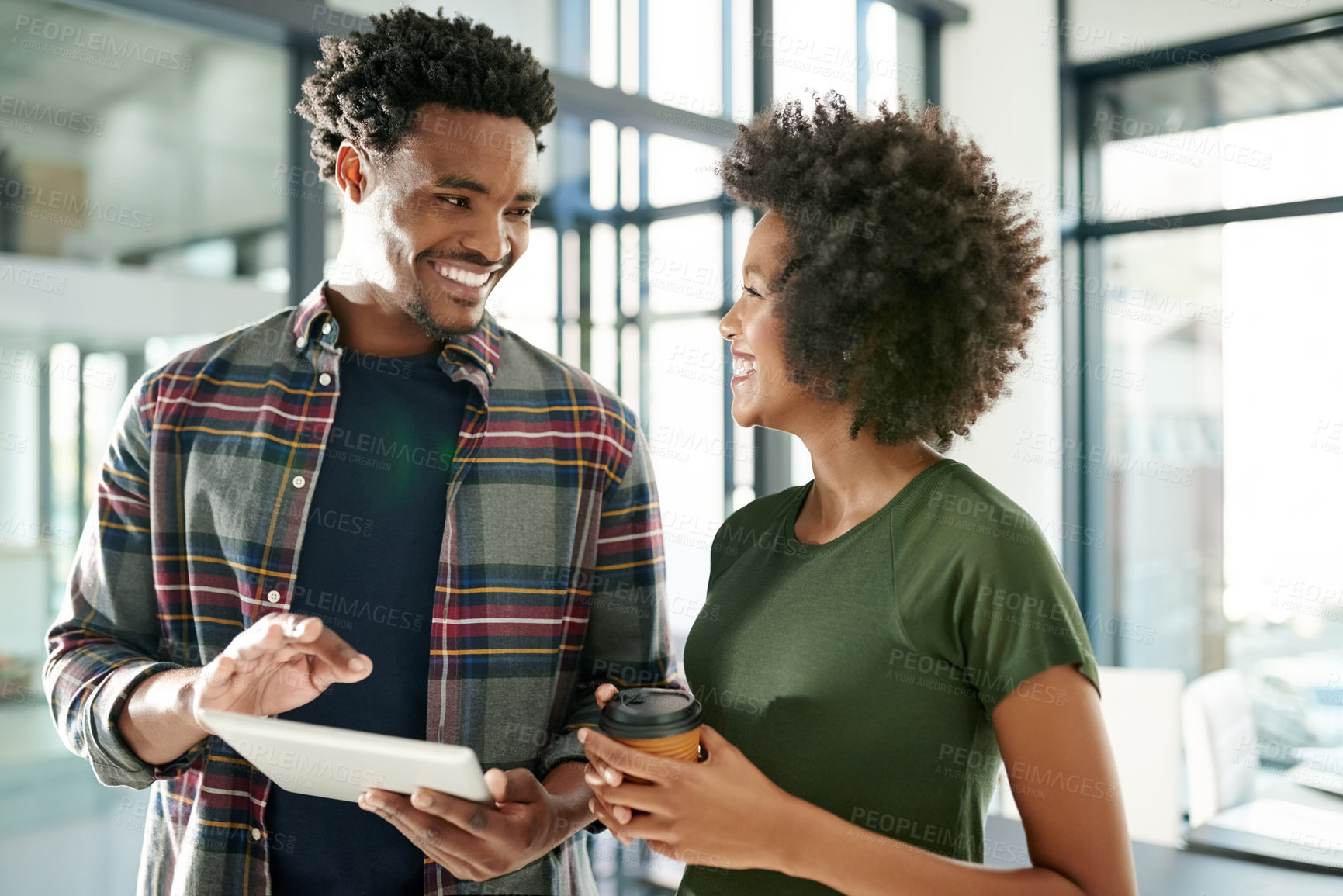 Buy stock photo Office, woman and man with tablet, teamwork and research for design on website, planning and online. Creative, graphic designer or people with tech for brand identity, colleagues or review of project