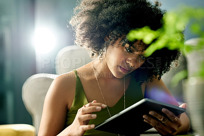 Buy stock photo Woman, environmentalist or research with tablet in home for eco friendly project or sustainability at night. Person, flare or remote work with technology app for new development on alternative energy