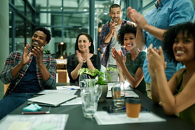 Buy stock photo Business people, applause and success at night, startup and celebration for goals at media company. Group, team and staff at meeting with clapping hands, excited or cheers for deal at creative agency