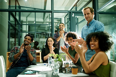 Buy stock photo Business people, applause and team at night, startup and success for goals at media company. Group, excited and happy at meeting with clapping hands, celebration or flare with deal at creative agency