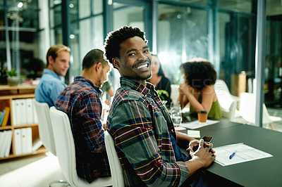 Buy stock photo Happy, business or man in office with team, meeting or confident for night collaboration. Smile, employee or people in board room with portrait, overtime planning or strategy for company project.