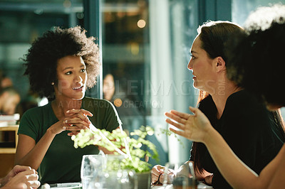 Buy stock photo Discussion, team and women in meeting with ideas, feedback and proposal for sustainable strategy. Collaboration, business and people in office with conversation, chat and plan for environmental goals