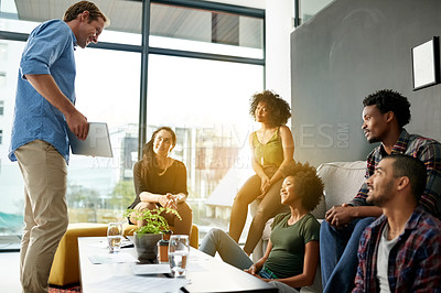 Buy stock photo Man, team and tablet at startup, planning and app for brainstorming at interior design company. People, group and presentation with smile, meeting and creative process for collaboration at agency