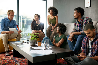 Buy stock photo Collaboration, meeting and tablet with business people in lounge of office for brainstorming. App, design and development with employee group on sofa in workplace for creative or team discussion