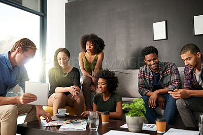 Buy stock photo Coaching, meeting and tablet with business people in lounge of office for brainstorming. App, development and workshop with happy employee team on sofa at work for creative or interactive learning