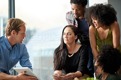 Buy stock photo Manager, creative people and meeting in office with discussion, story planning and article feedback. Staff, journalist and team talking with tablet, employees brainstorming and ideas of news headline