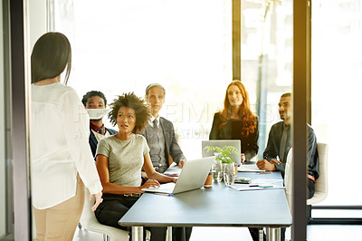 Buy stock photo Presentation, meeting and business people in office with team for creative project in collaboration. Group, discussion and copywriters with speaker for article planning with publishing in workplace.