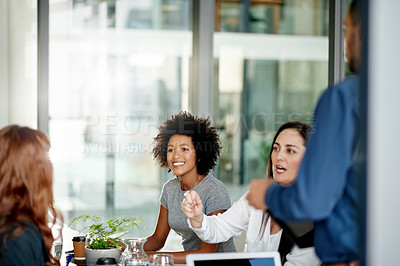 Buy stock photo Corporate, discussion and business people in meeting in office for planning, strategy and teamwork. Professional, presentation and men with women in boardroom for feedback, report and collaboration