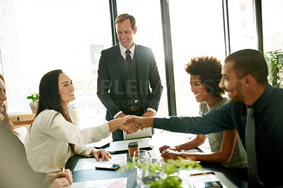 Buy stock photo Happy, business people and meeting with handshake for greeting, introduction or inclusion in office. Group, employees or colleagues shaking hands with smile for teamwork or collaboration in workplace