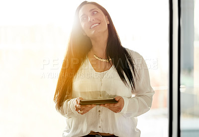 Buy stock photo Morning, tablet and business woman in office for online proposal, finance report and planning. Corporate, flare and person on digital tech for research, financial review and website for meeting