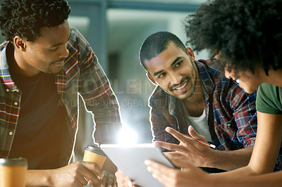 Buy stock photo Night, group and coworkers with tablet, discussion and online for deadline, men and woman in office. Working late, colleagues and journalist with tech for story, flare or fact checking of article