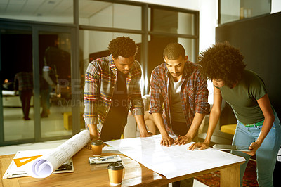 Buy stock photo Architecture, night and people with blueprint in meeting for design, floorplan or building project. Creative team, engineering and workers with paperwork for planning, layout and renovation in office