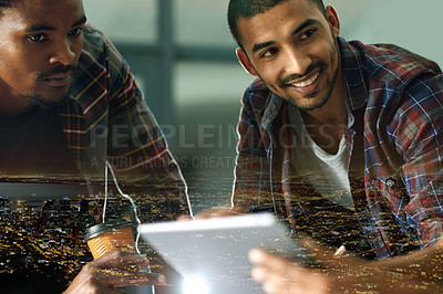 Buy stock photo Tablet, city and business people in office with double exposure for research on creative project. Overlay, discussion and journalists with technology for online article with publishing in workplace.