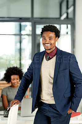 Buy stock photo Portrait, employee and man with smile, office or ambitious for career growth, accountant and leader. People, together and positive mindset for business development, bookkeeper or confident in meeting